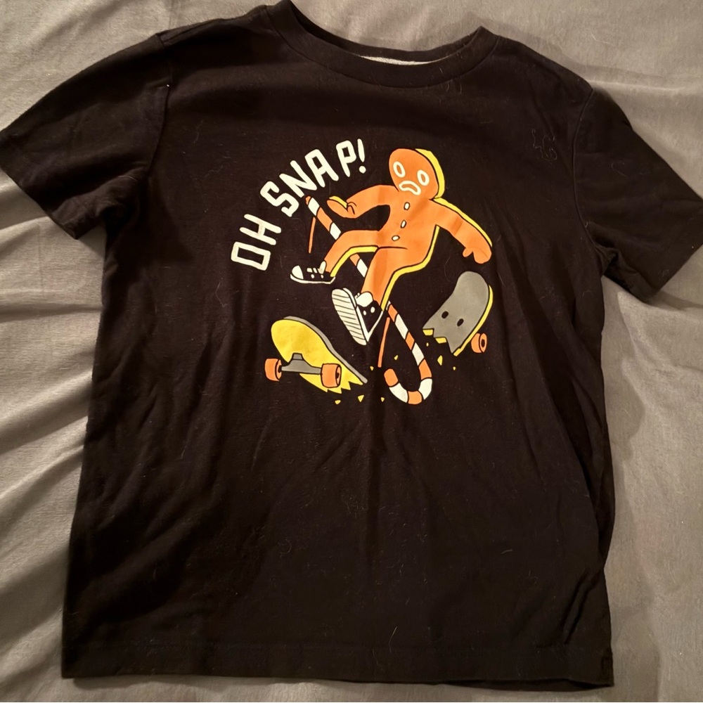 Black Kids T-Shirt with Gingerbread Skateboard Print